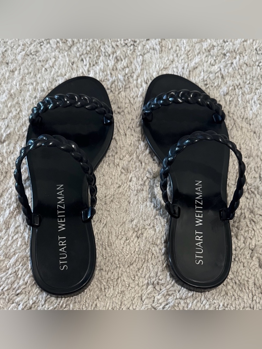 Stuart Weitzman Black Braided Double-Strap Slide Sandals